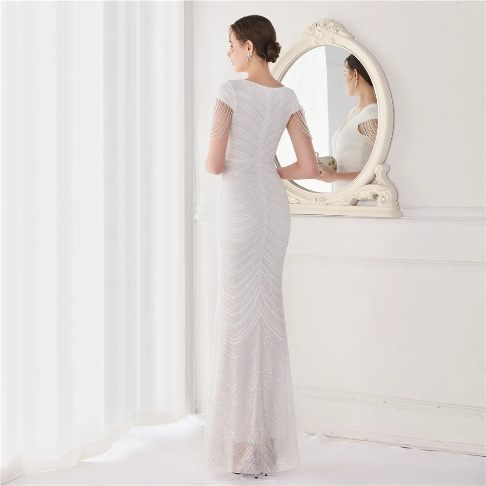 DEERVEADO Elegant V Neck Mermaid Evening Dress Long Luxury Beads Women Evening Party Dresses New Formal Dress 19085