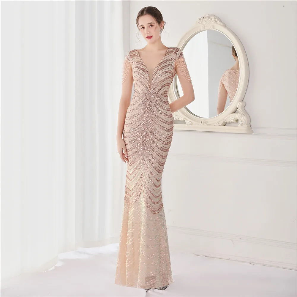 DEERVEADO Elegant V Neck Mermaid Evening Dress Long Luxury Beads Women Evening Party Dresses New Formal Dress 19085