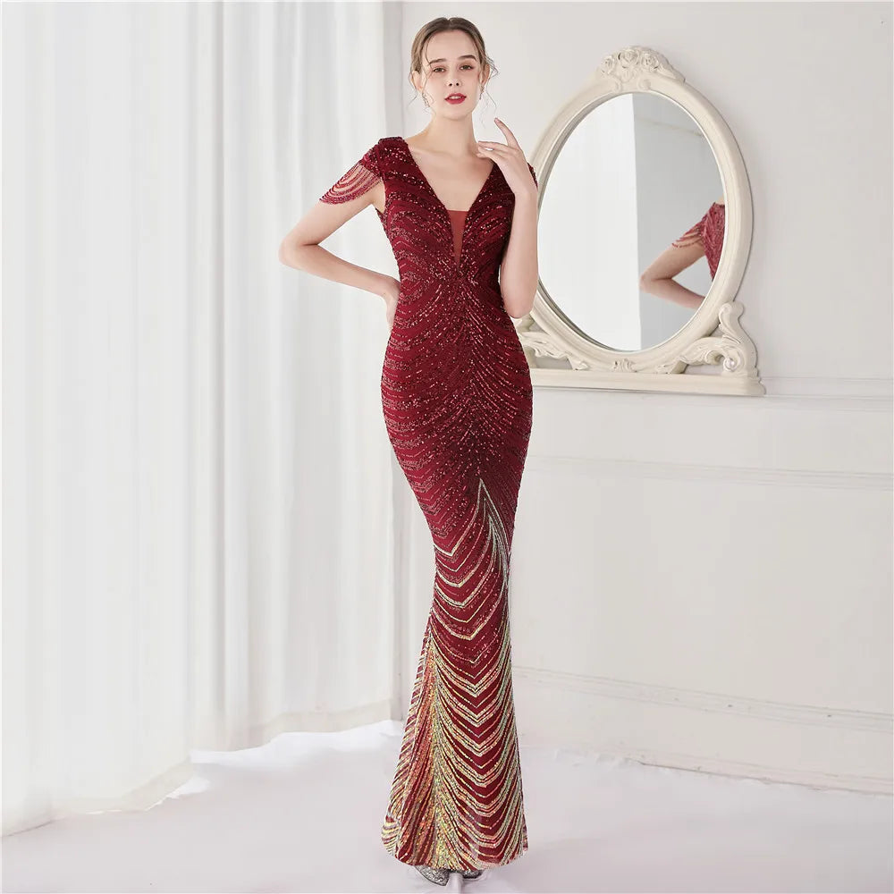 DEERVEADO Elegant V Neck Mermaid Evening Dress Long Luxury Beads Women Evening Party Dresses New Formal Dress 19085