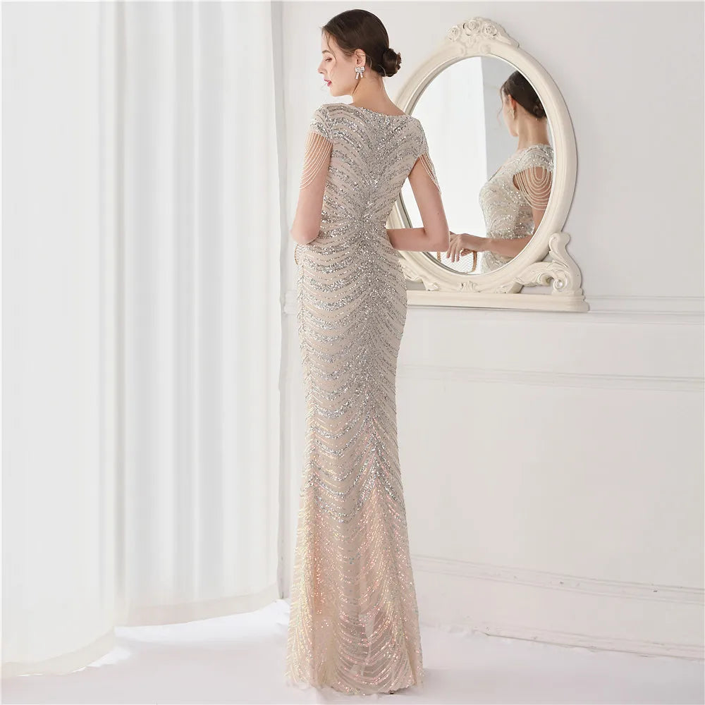 DEERVEADO Elegant V Neck Mermaid Evening Dress Long Luxury Beads Women Evening Party Dresses New Formal Dress 19085