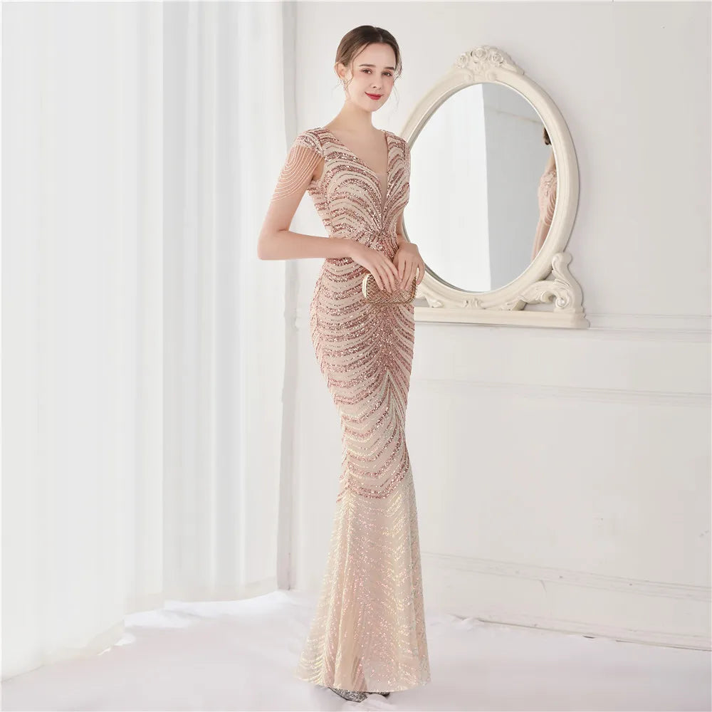 DEERVEADO Elegant V Neck Mermaid Evening Dress Long Luxury Beads Women Evening Party Dresses New Formal Dress 19085