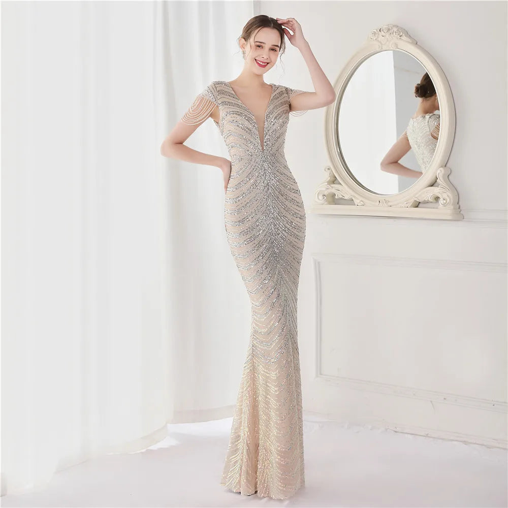 DEERVEADO Elegant V Neck Mermaid Evening Dress Long Luxury Beads Women Evening Party Dresses New Formal Dress 19085