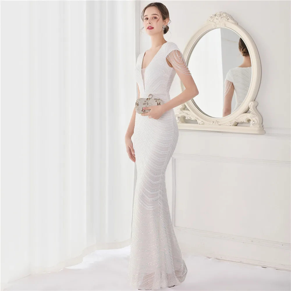 DEERVEADO Elegant V Neck Mermaid Evening Dress Long Luxury Beads Women Evening Party Dresses New Formal Dress 19085