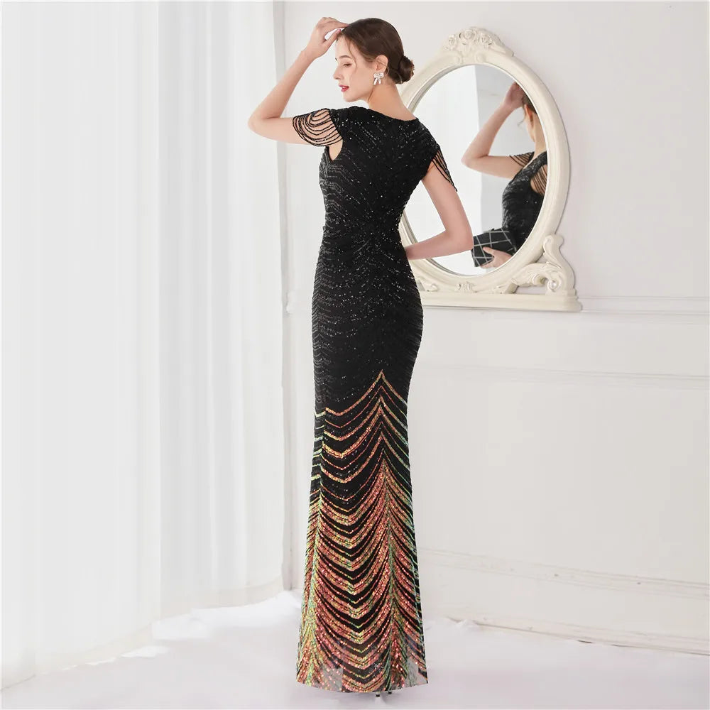 DEERVEADO Elegant V Neck Mermaid Evening Dress Long Luxury Beads Women Evening Party Dresses New Formal Dress 19085