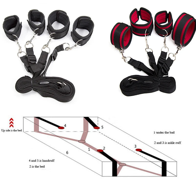 Restraint Set BDSM Bondage Handcuffs & Ankle Cuffs Slave On The Bed Open Leg Flirt Sex Toys For Women Couples Erotic No Vibrator
