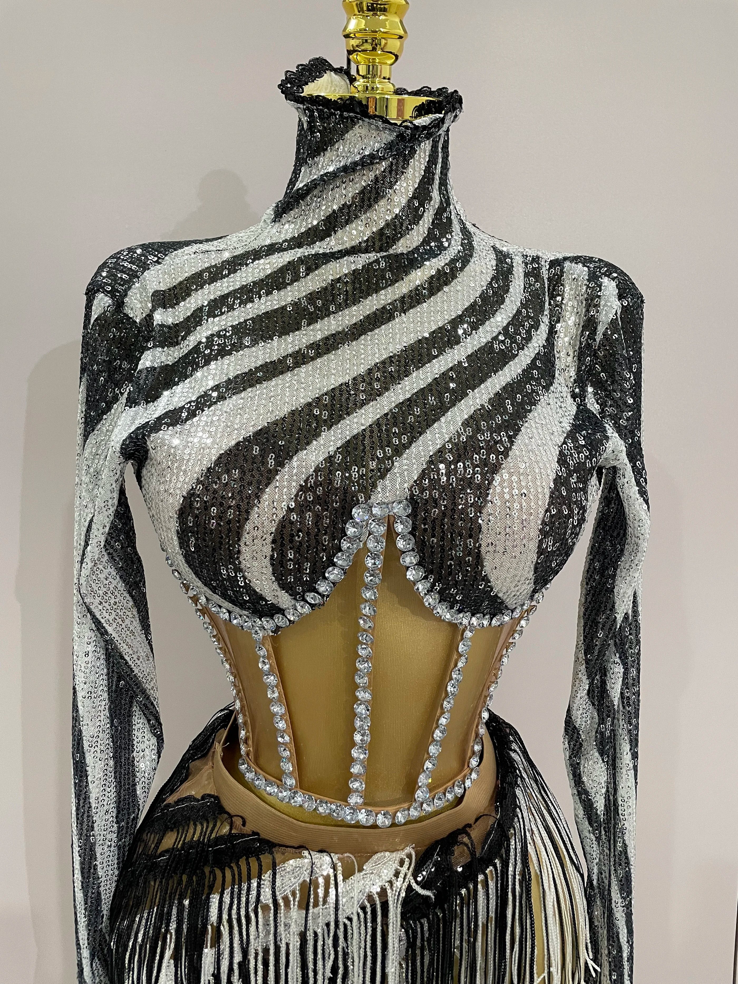 New Shiny Diamond Sequin Tassels Sexy Mesh Long Sleeved Two Piece Set Women Evening Birthday paty Nightclub Stage Costume