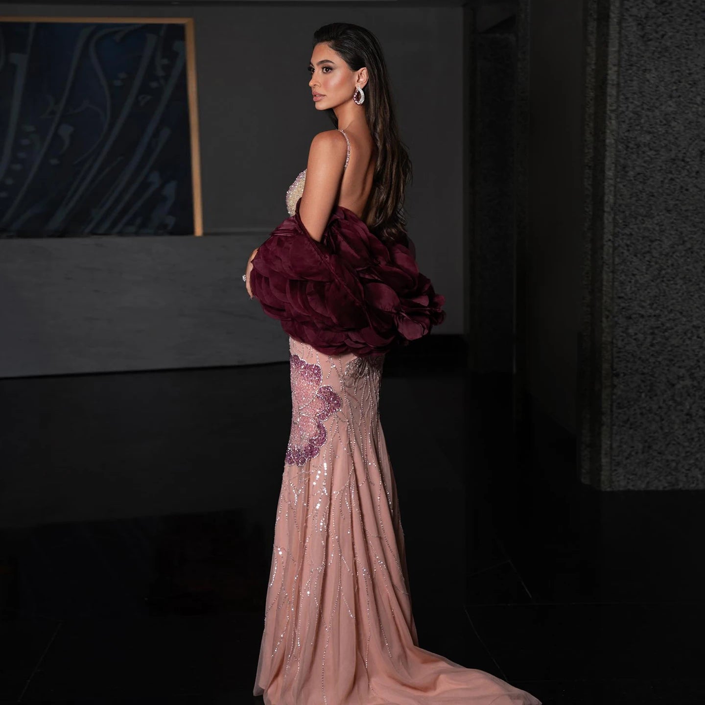 Sharon Said Luxury Pink Floral Beaded Evening Dress with Burgundy Shawl Cape Elegant Party Dress for Women SS515 Customized