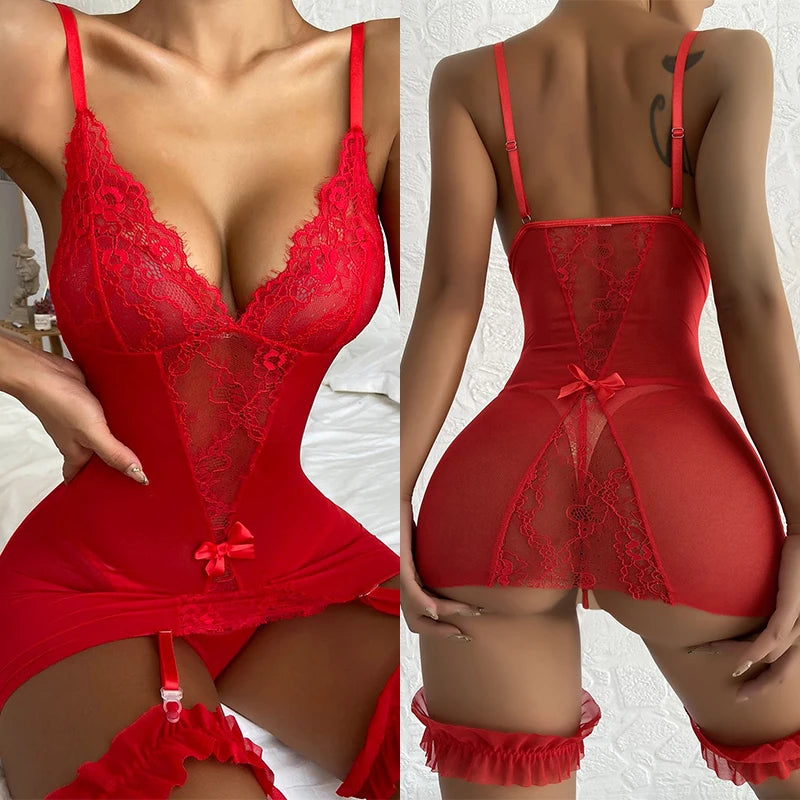 Sexy Transparent V-neck Lace Up Evening Lingerie Women Underwear Doll Pornographic Erotic Dress Seductive Skirt Garter Belt Sets