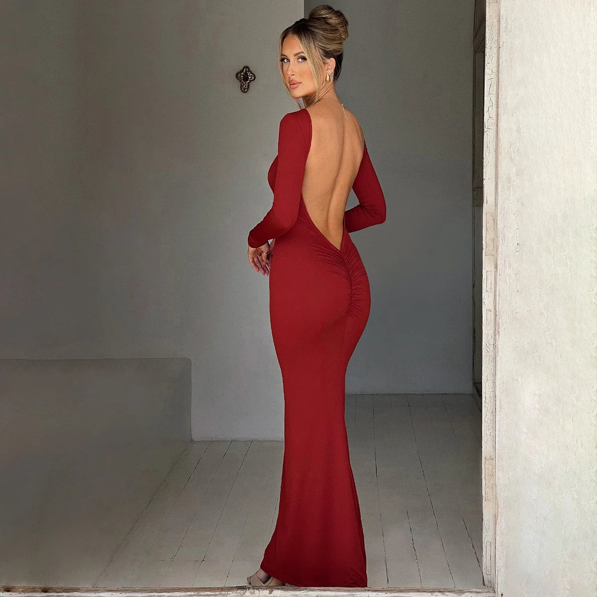 Hugcitar Spring Elegant Long Sleeve Backless Solid Cuched Sexy Bodycon Maxi Prom Dress Women Outfit Evening Party Festival Y2K