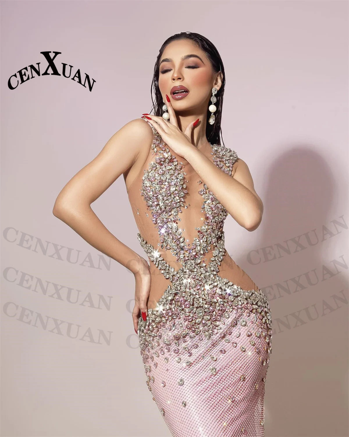 CENXUAN Saprkly Sleeveless O-neck Women's Evening Dress with Rhinestones Floor Length Tulle Vestidos De Gala Customized