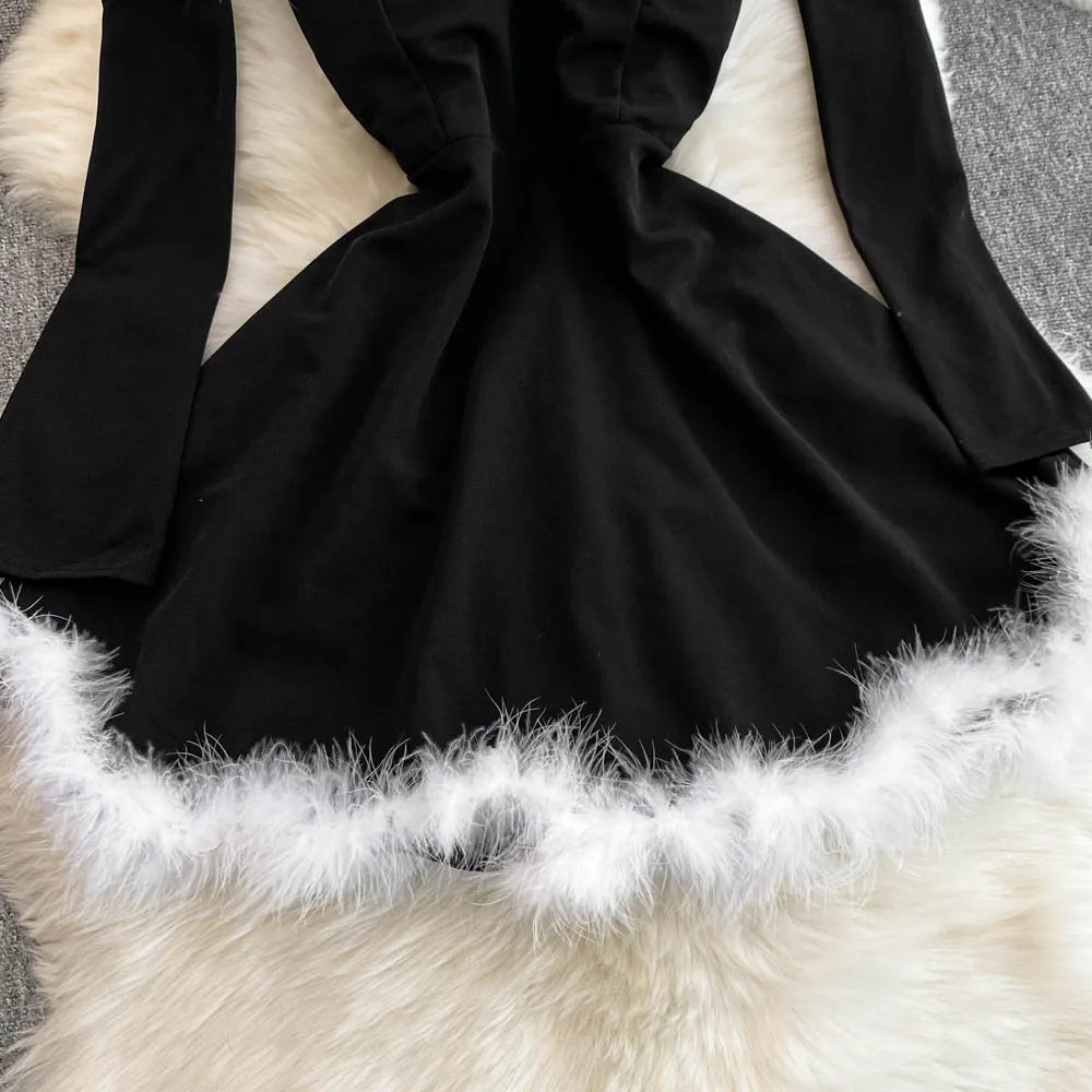 Foamlina Women's Christmas Dress Sexy Low-cut Waist Thin Big Pendulum Fluffy Splicing Suspender Tube Ling Dress Red