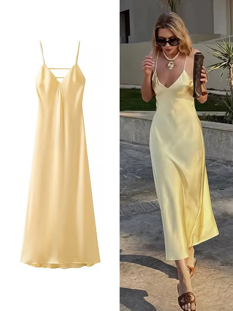 HH Women Summer Yellow Stain V Neck Sling Dress Elegant Sleeveless Loose Maxi Robes New Ladies Party Holiday Dresses