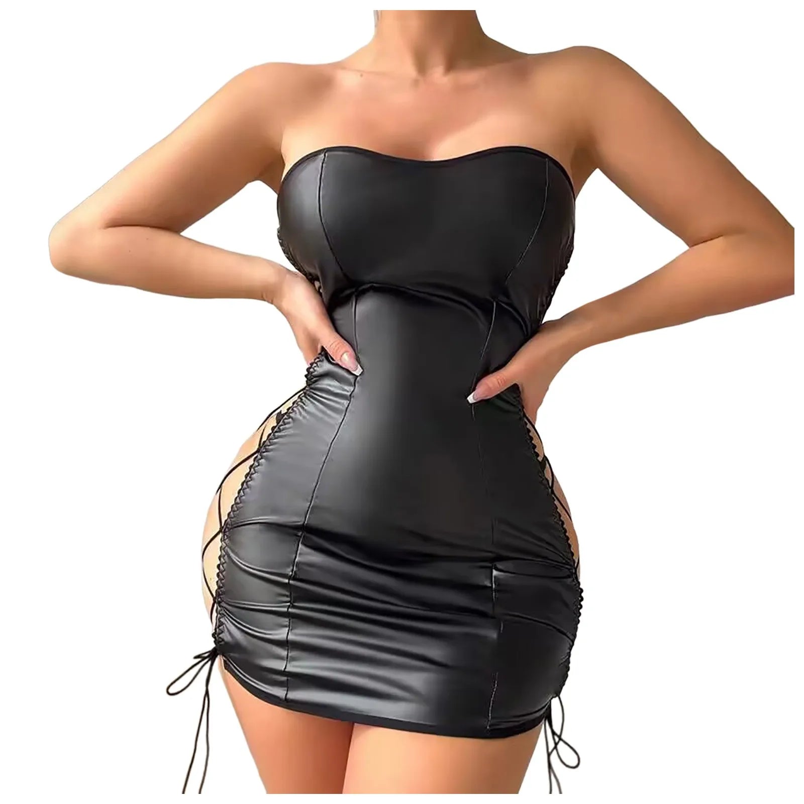 Sexy Lingerie Women Babydoll Leather Dress Erotic Lingerie Sex Bodycon Strapless Nightwear Black Bandage Hip Wrapped Sleepwear