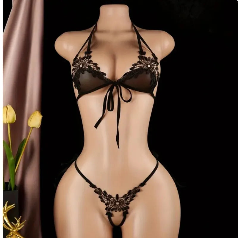 Hot Sexy Underwear Women Bodysuit Lingerie Lace Floral See Through Open Crotch Bodysuit Tie Open Bra Erotic Lingerie Set
