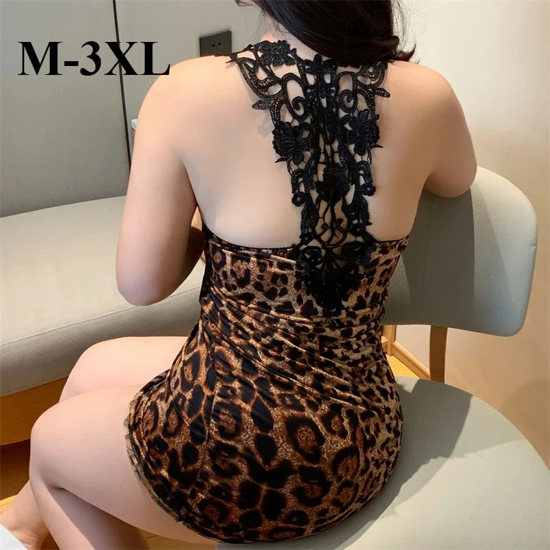 Large Size Sexy Leopard Lingerie Dress Babydolls Women Erotic Backless Short Nightgown Porn Chemise Halter V Sexy Sleepwear