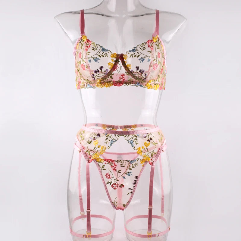 Sexy Women's Lace Lingerie 3Pcs Sets Fancy Flowers Embroidery Transparent Bras And Thongs Underwear Set Erotic Intimate Suits ﻿