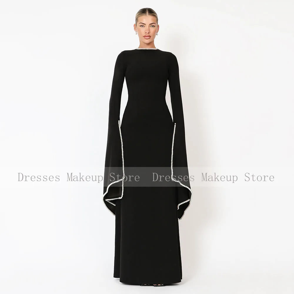 Modest Wedding Guest Dress Black O Neck A Line Elegant Formal Party Gowns for Women Pearls Long Sleeves Evening Dresses