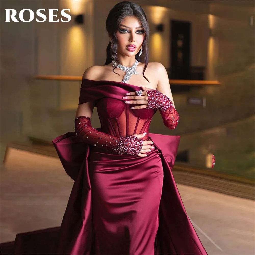 ROSES Burgundy Stain Mermaid Prom Dresses with Bow Shining Beading On Sleeve Evening Dress One Shoulder Sweetheart