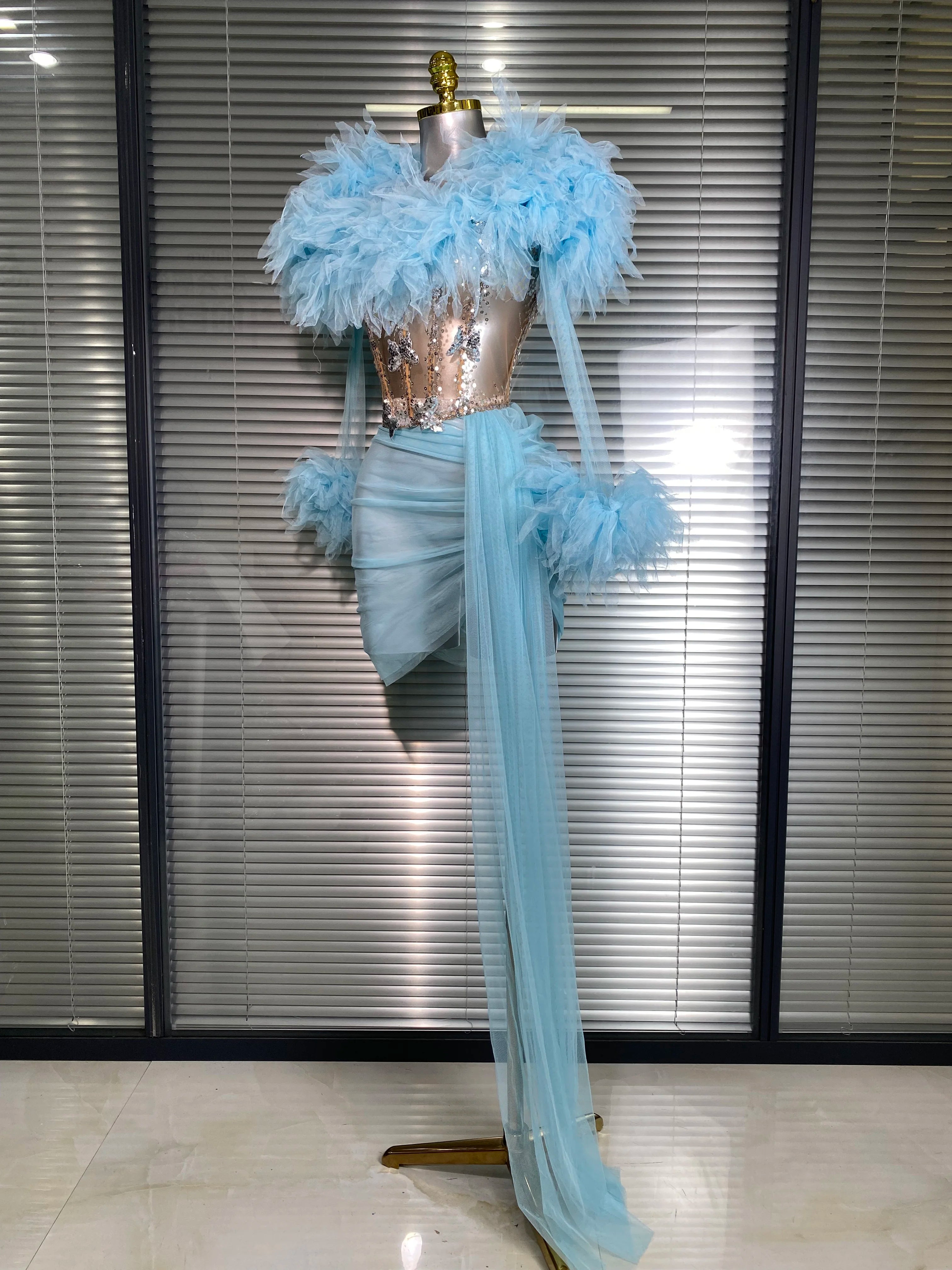 Women Sexy Two Pieces Set Celebrity Sky Blue White Purple Mesh Night Club Sheer Skirt Suits Stage Performance Costume