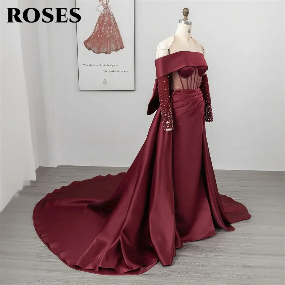 ROSES Burgundy Stain Mermaid Prom Dresses with Bow Shining Beading On Sleeve Evening Dress One Shoulder Sweetheart