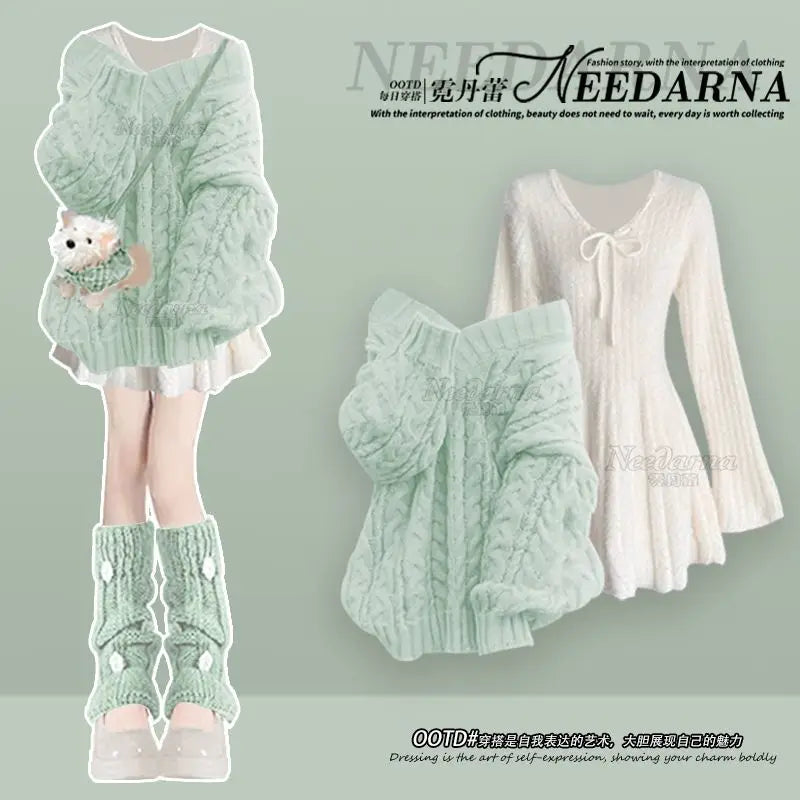 Women Suit French Plus Size Matching Sets Temperament Knitted Sweater Slimming Mini Dress Two-piece Set