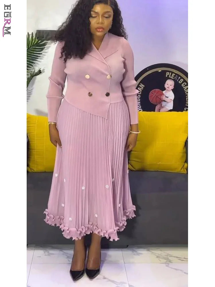 EGRM Miyake Pleated Long Dress Autumn Hot Sale Women's Double Breasted Waist Cinching Slimming High-end Stylish Versatile Skirt