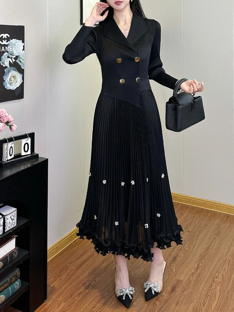 EGRM Miyake Pleated Long Dress Autumn Hot Sale Women's Double Breasted Waist Cinching Slimming High-end Stylish Versatile Skirt