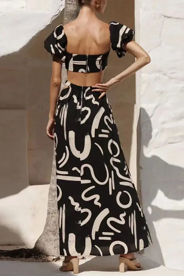 Two Piece Sets Fashion New Print Solid Color Puff Sleeve Zipper Breast Wrap Crop Top & Hollow Out Waist Big Hem Dress Suits Lady