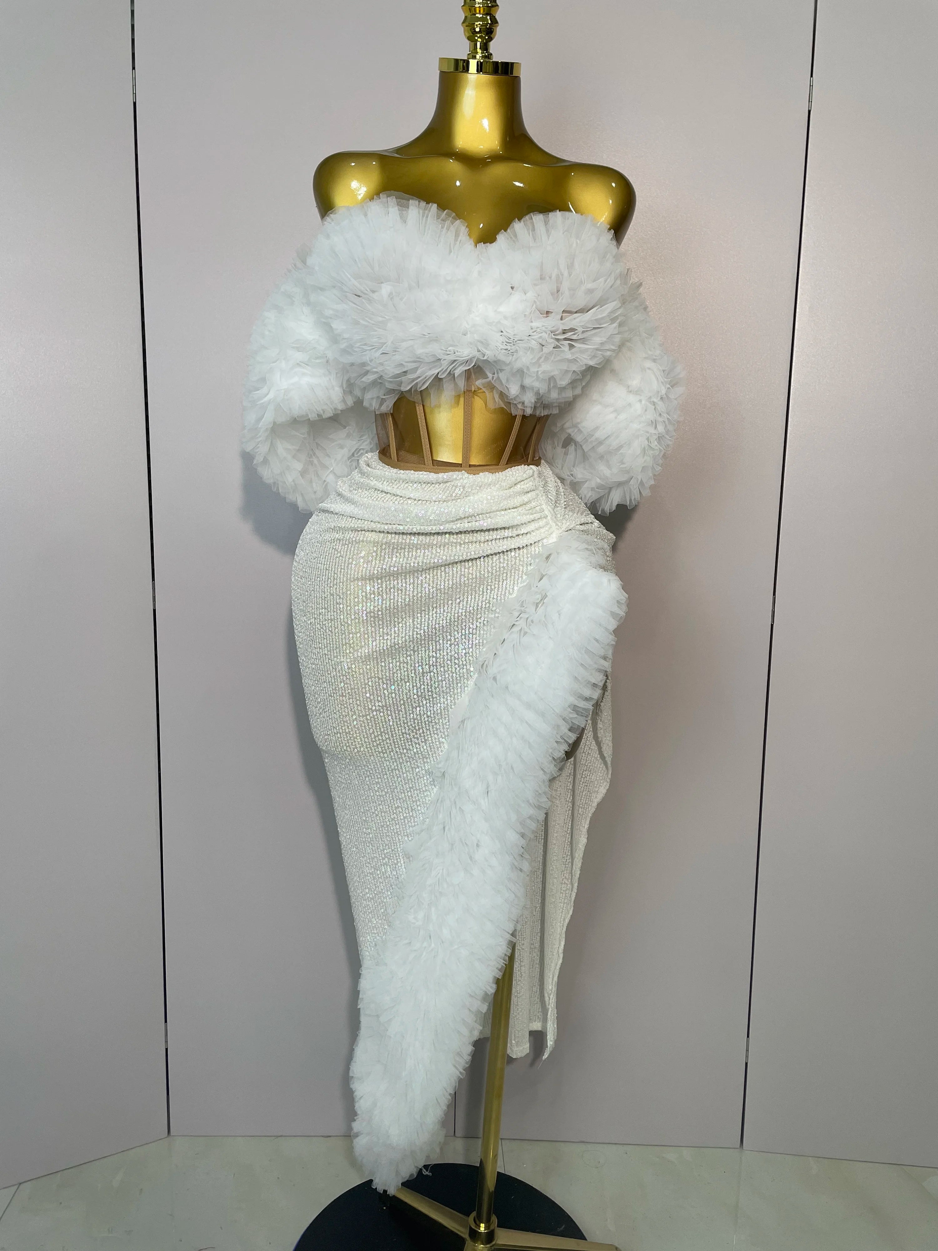 Shiny Sequins Top Short Skirt Two Pieces Set Women Sexy Celebrate Evening Prom Birthday Party Dress Nightclub Stage Outfit