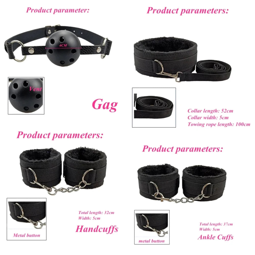 BDSM Adult Sexy Toys For Women Handcuffs Whip Anal Nipple Clamp Blindfold Strap On Vibrator Sex Bondage Set Sexual Couples Kit18