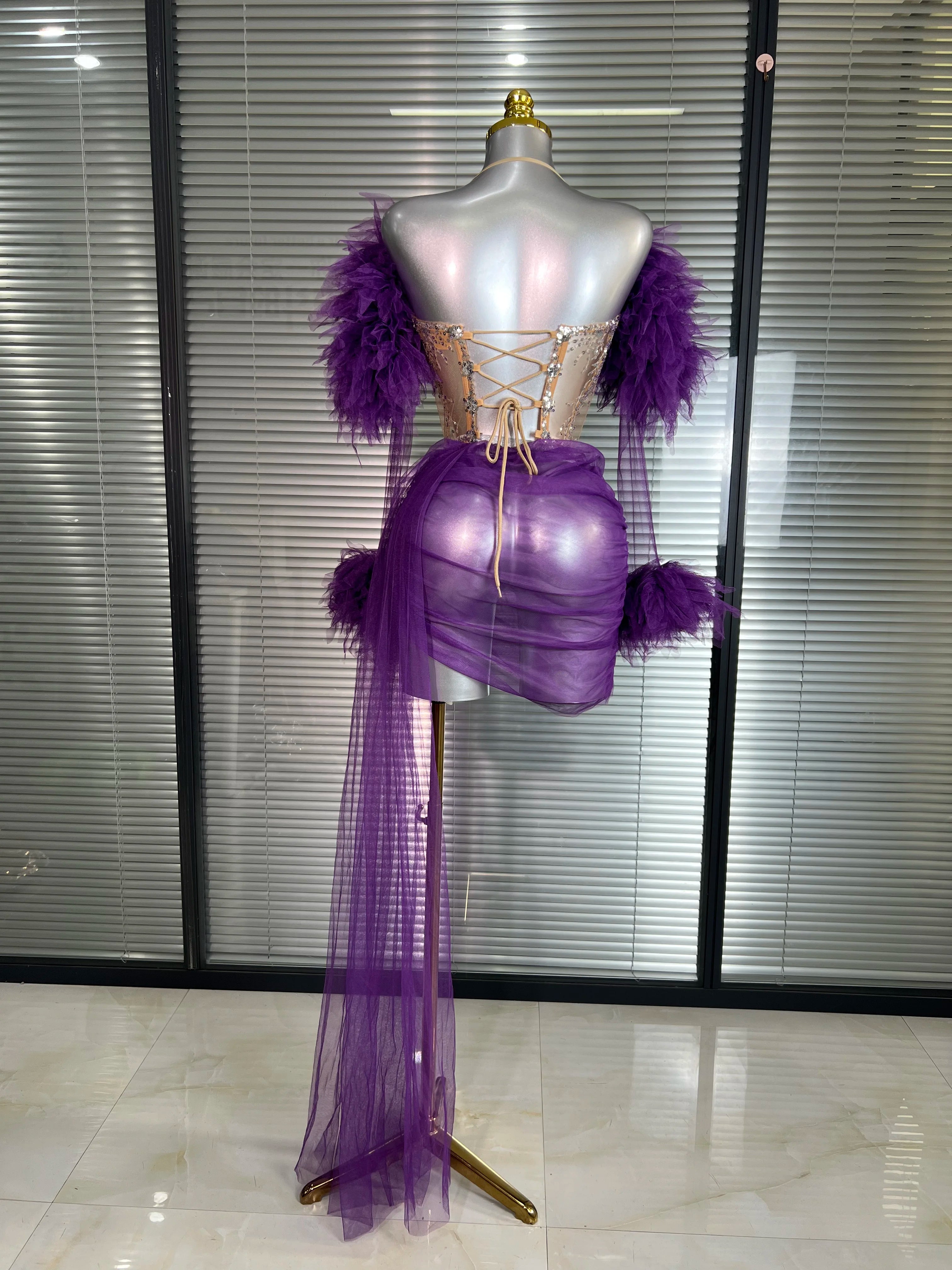 Women Sexy Two Pieces Set Celebrity Sky Blue White Purple Mesh Night Club Sheer Skirt Suits Stage Performance Costume