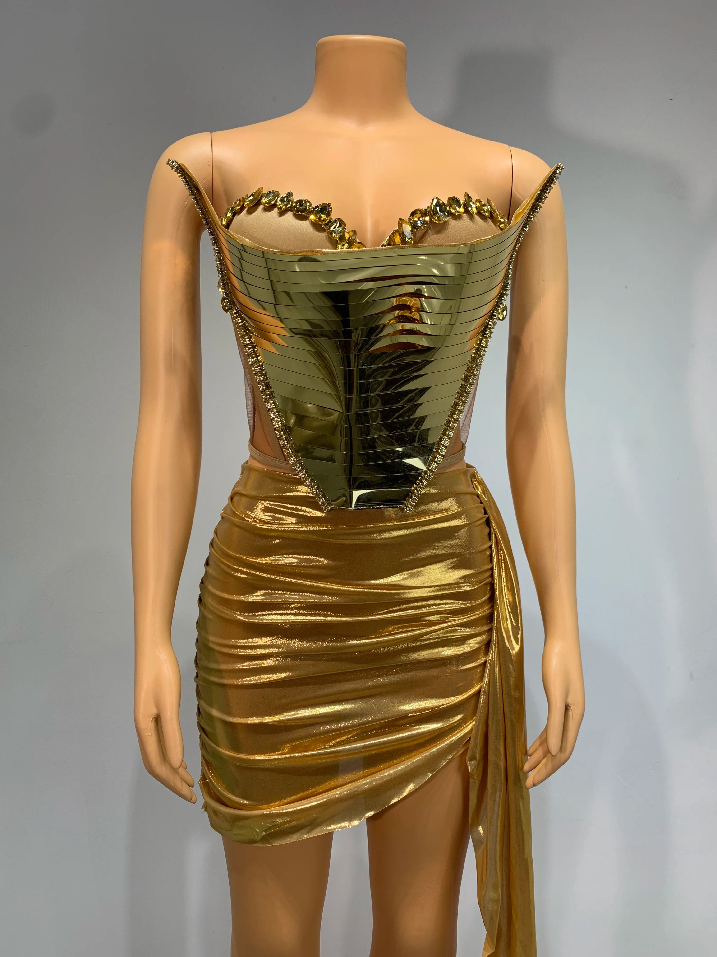 Sparkly Gold Sexy Top Two Pieces Short Skirt Set Women Celebrate Party NightClub Performance Dancer Show Stage Outfit