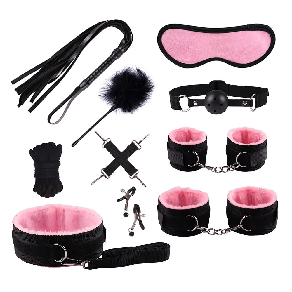 Adult Erotic Nylon Bondage BDSM Kit with Handcuffs Sex Whip Mouth Gag Soft Fox Tail Anal Plug for Women Sexy Games