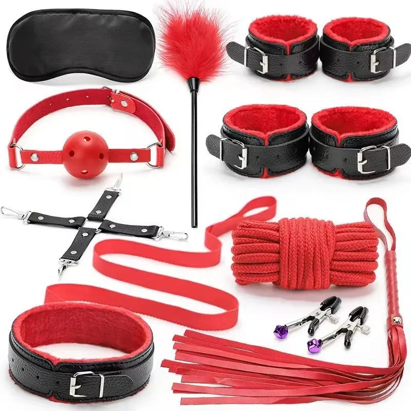 26-piece sexy red velvet women's lingerie set, adult underwear.Handcuffs, whips and anal plugs
