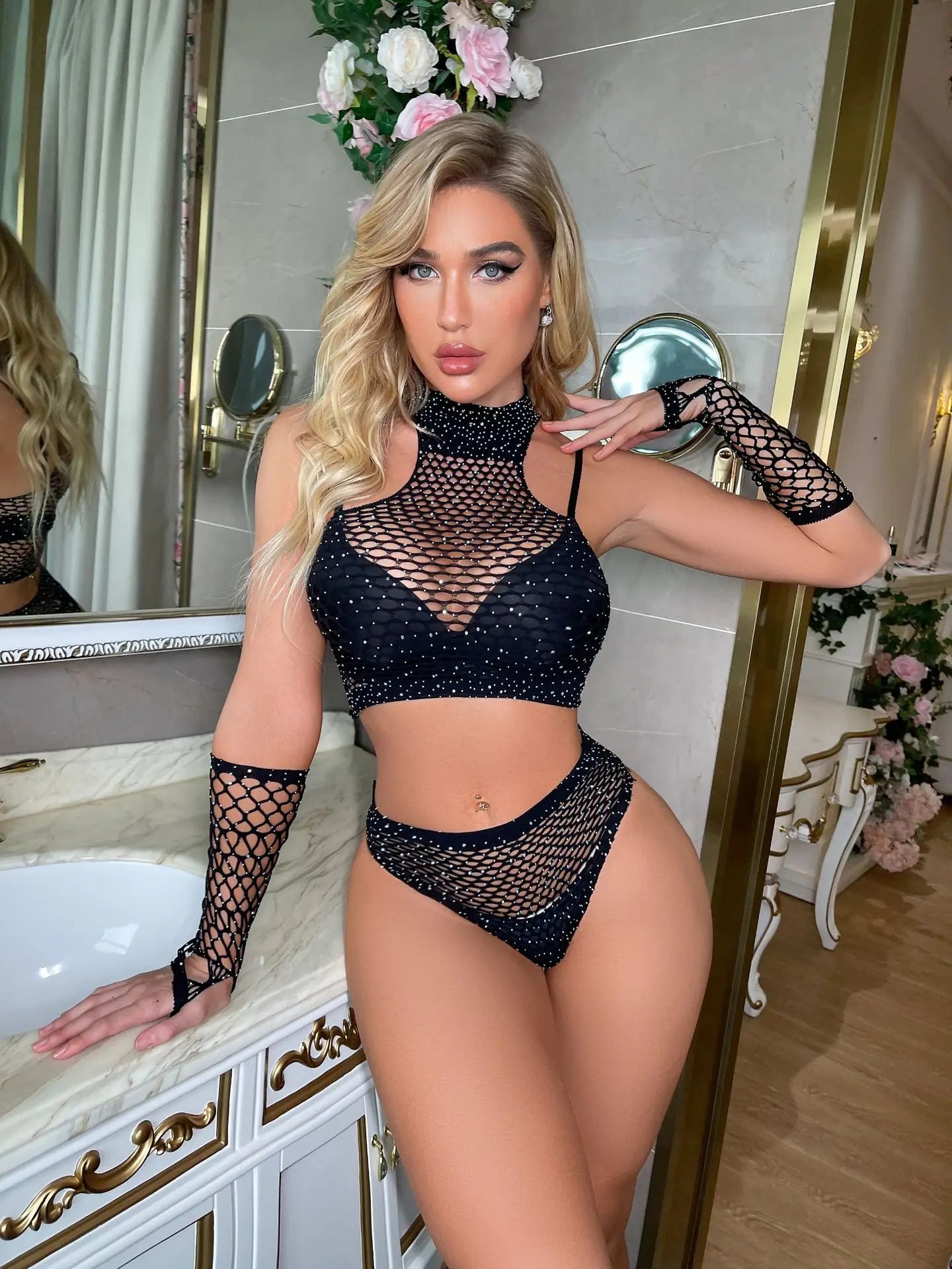 Women Fishnet Sexy Shiny Crotchless Lingerie Set With Rhinestone Tights Erotic Lingerie Stripper Outfit Dancewear Sex costumes