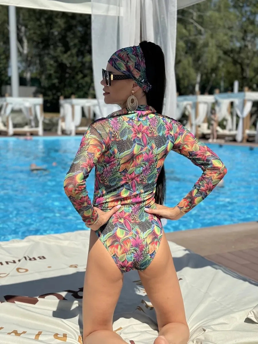 10 Colors UPF 35+ Retro Long Sleeve Swimwear Bodysuit High-end Mesh One Piece Swimsuit Women 2025 Sexy High Cut Bathing Suit