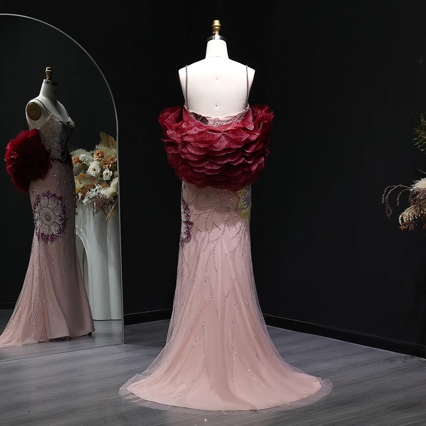 Sharon Said Luxury Pink Floral Beaded Evening Dress with Burgundy Shawl Cape Elegant Party Dress for Women SS515 Customized