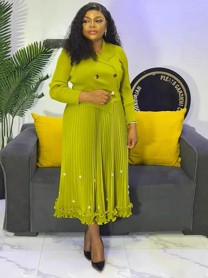 EGRM Miyake Pleated Long Dress Autumn Hot Sale Women's Double Breasted Waist Cinching Slimming High-end Stylish Versatile Skirt