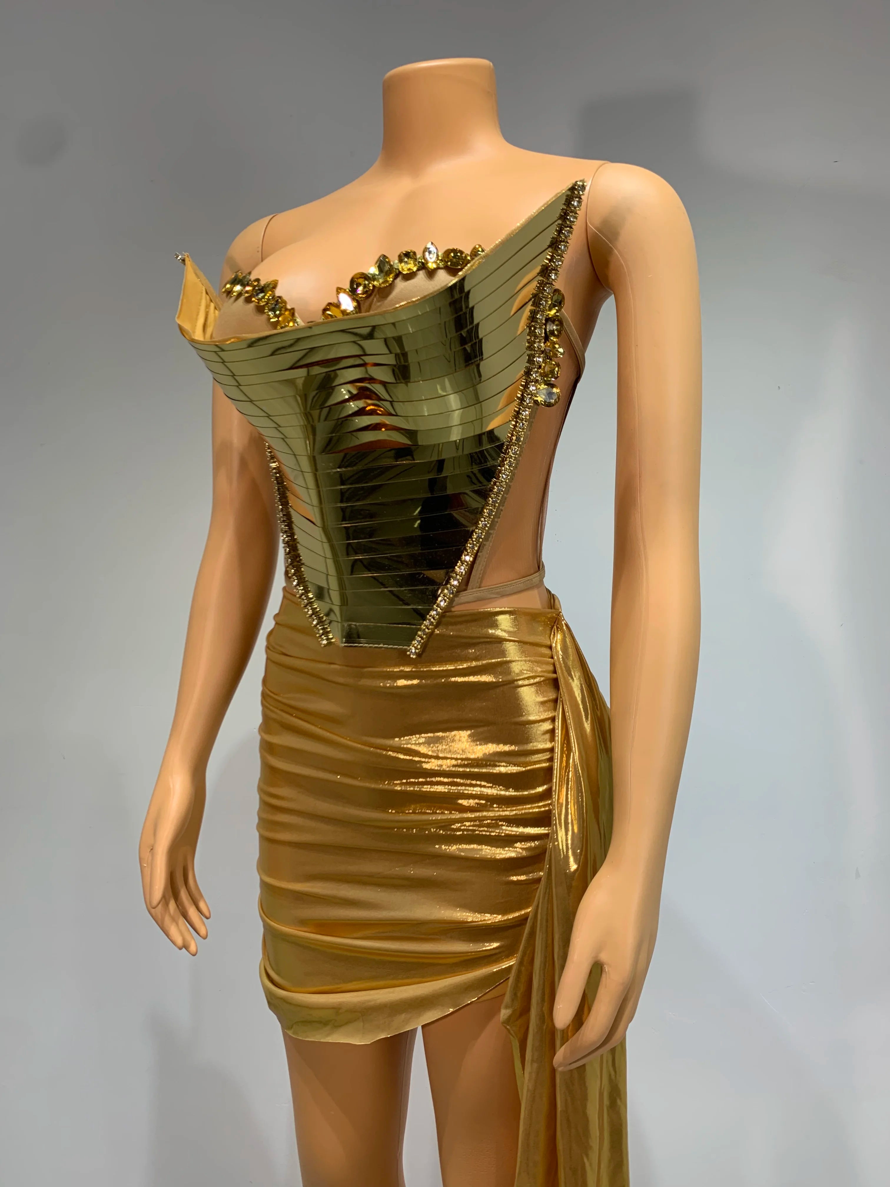 Sparkly Gold Sexy Top Two Pieces Short Skirt Set Women Celebrate Party NightClub Performance Dancer Show Stage Outfit