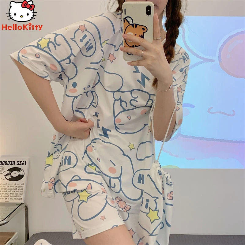 Kawaii Hot Anime Cinnamoroll Kuromi Pajamas Summer Simple Fashion Delicate Cute Casual Loose Comfortable Soft Girly Set Gift