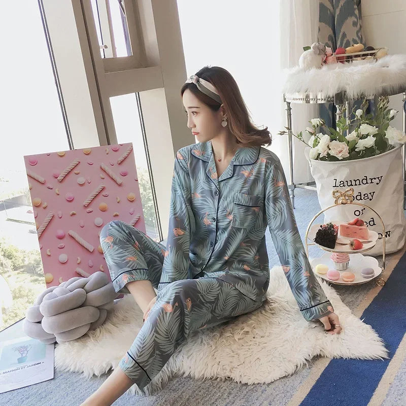 Four Seasons Women Pajamas Set with Lapel Top and Long Pants Checkered Striped Printed 2 Piece Set Ladies Nightwear Homewear