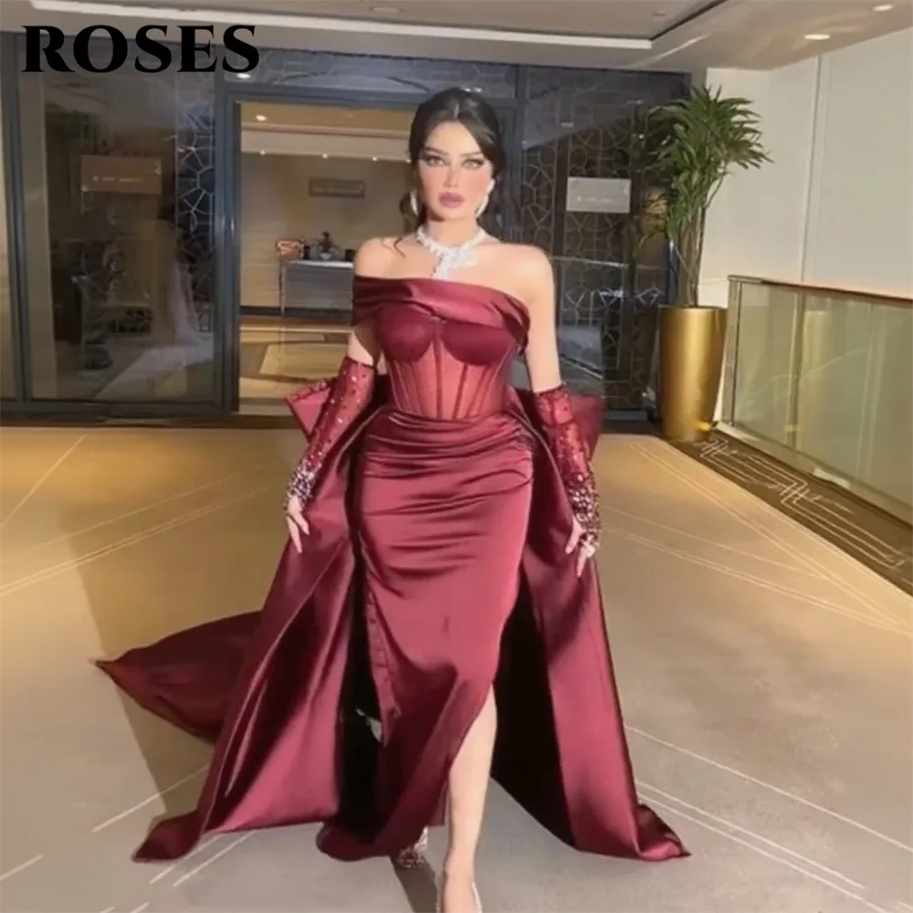 ROSES Burgundy Stain Mermaid Prom Dresses with Bow Shining Beading On Sleeve Evening Dress One Shoulder Sweetheart