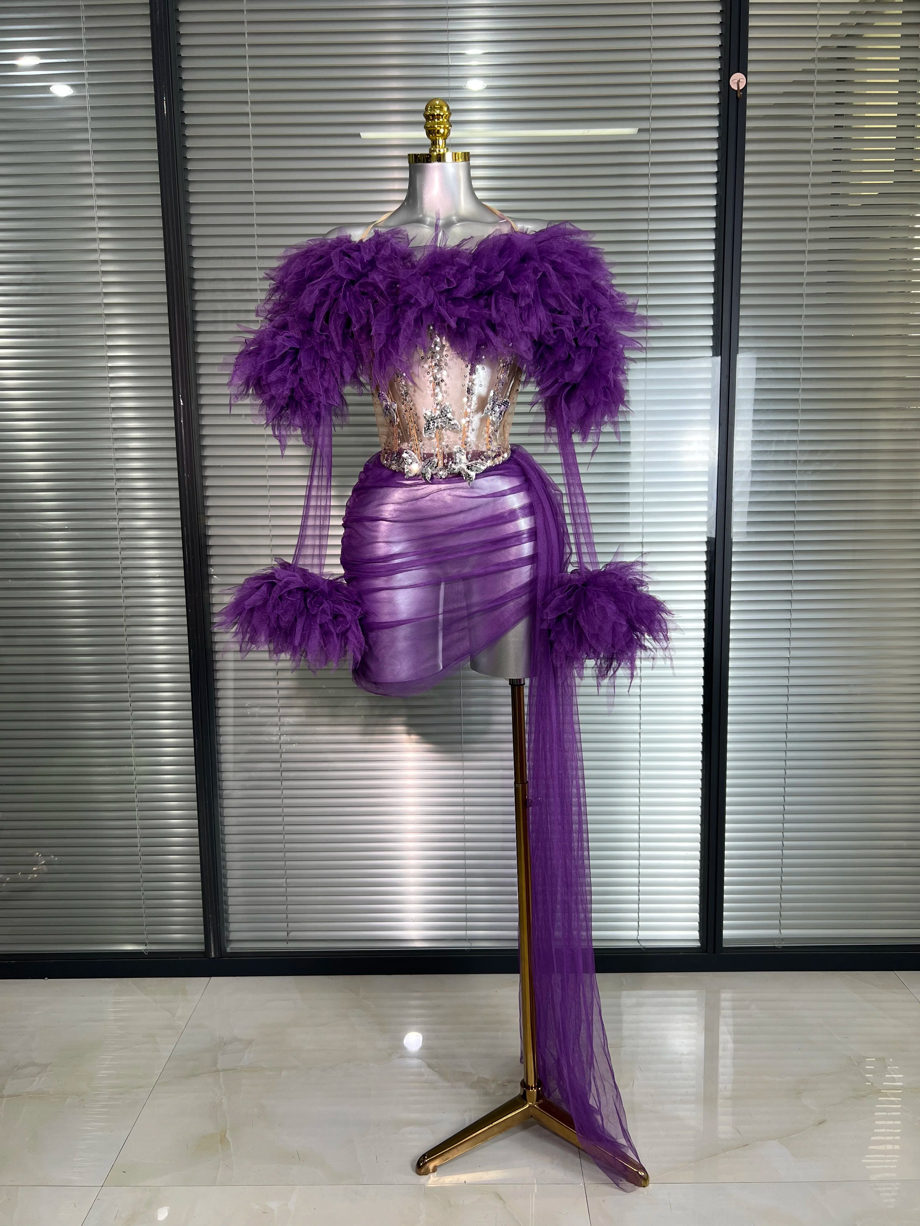 Women Sexy Two Pieces Set Celebrity Sky Blue White Purple Mesh Night Club Sheer Skirt Suits Stage Performance Costume