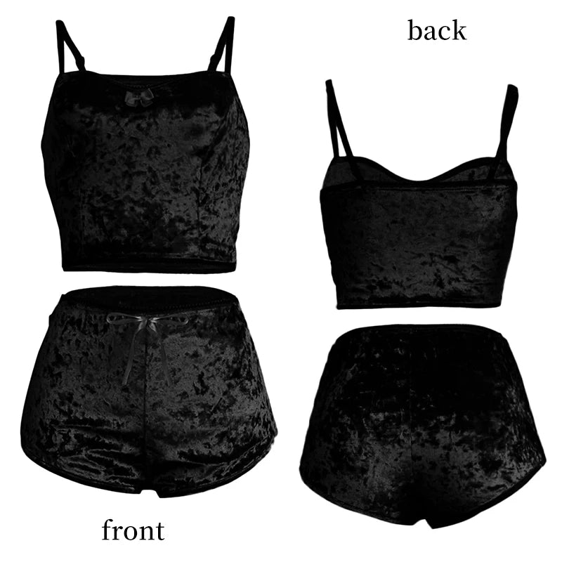 Women's Sexy Suspender Sleepwear Set Black Gold Velvet Two-Piece Set Suspender Home Women's Sleepwear Set