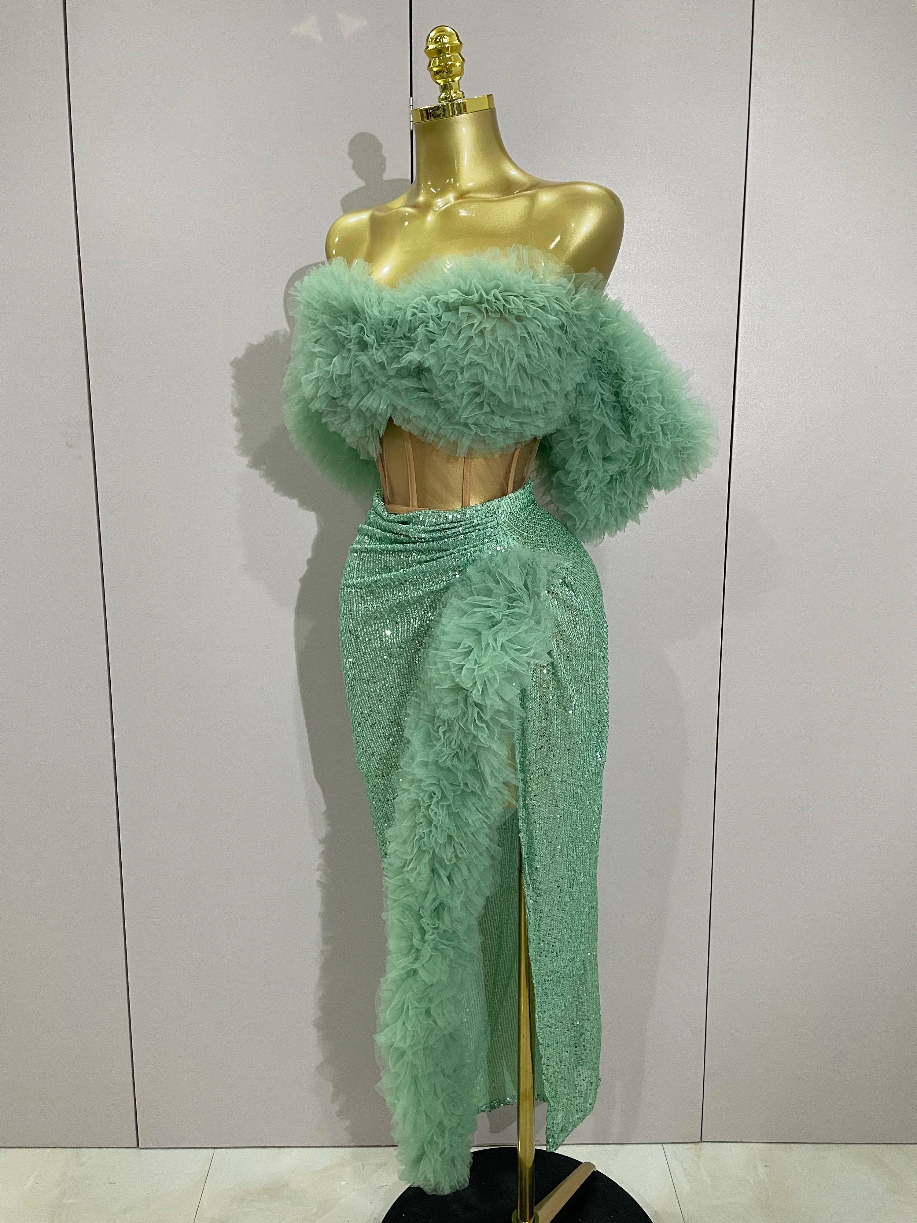 Shiny Sequins Top Short Skirt Two Pieces Set Women Sexy Celebrate Evening Prom Birthday Party Dress Nightclub Stage Outfit