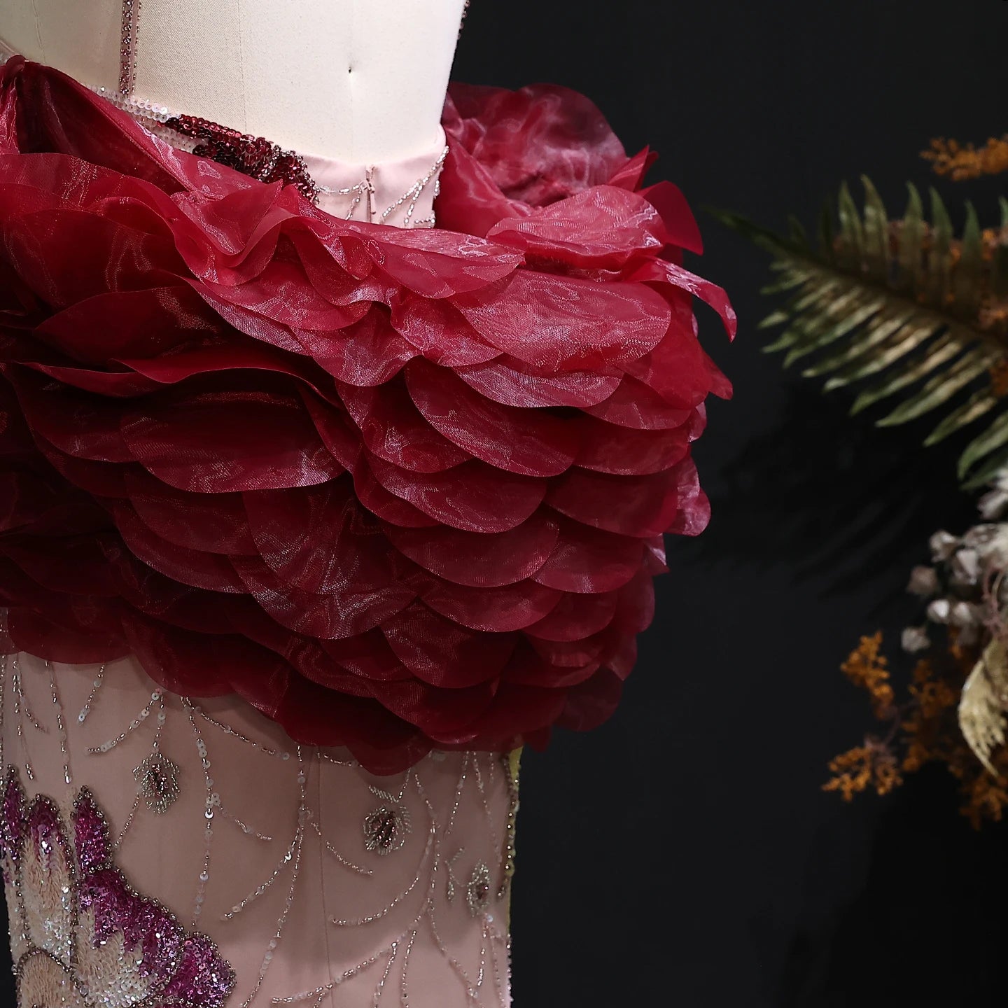 Sharon Said Luxury Pink Floral Beaded Evening Dress with Burgundy Shawl Cape Elegant Party Dress for Women SS515 Customized