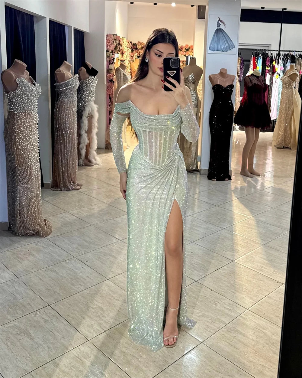 Contessa Dubai customized Silver Shiny Prom Dress With Sleeve Off Shoulder Vestidos de noche Side High Split Formal event dress
