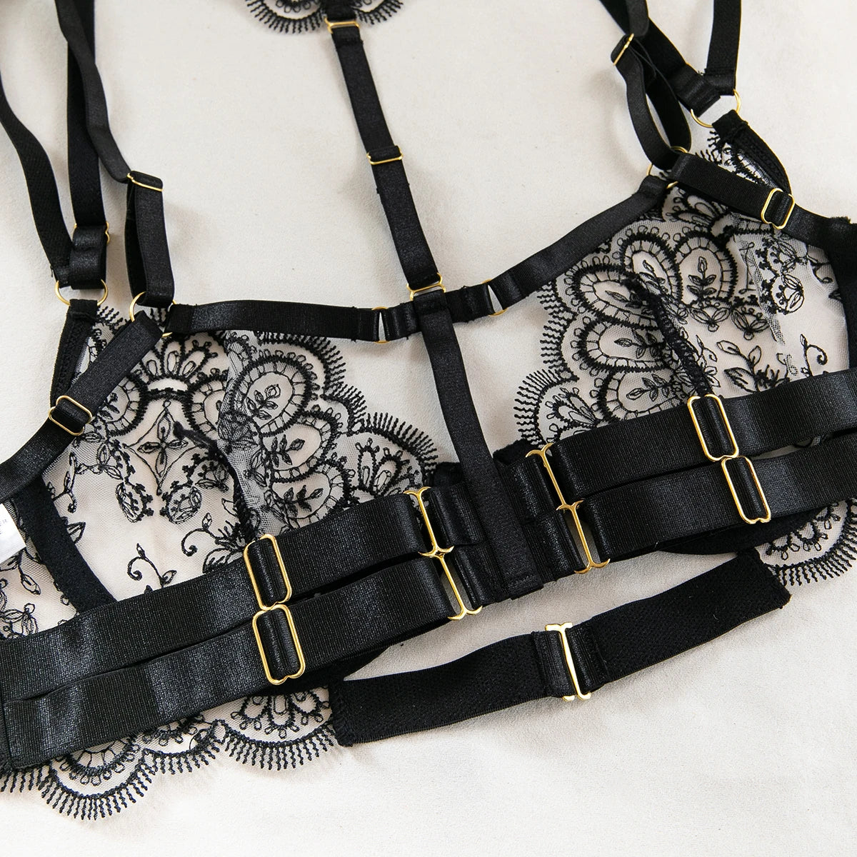 Luxury Embroidered Metal Buckle Complicated Erotic Intimate Set Women's Sexy Transparent Front Open Lingerie Sets Onlyfans kit
