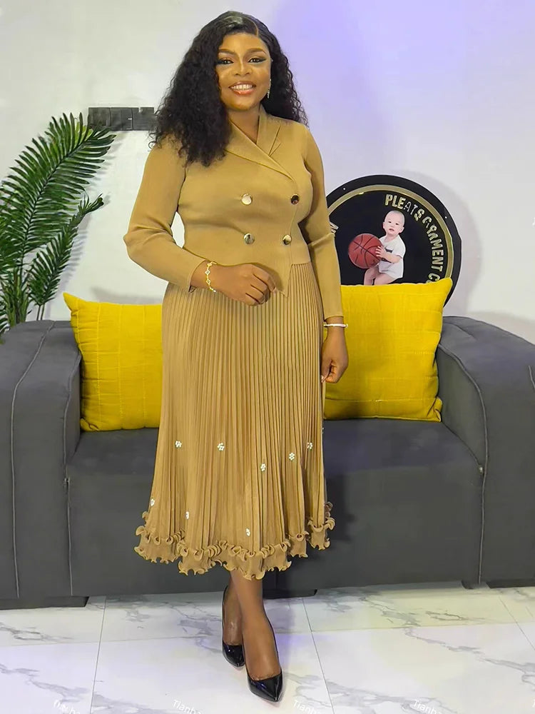 EGRM Miyake Pleated Long Dress Autumn Hot Sale Women's Double Breasted Waist Cinching Slimming High-end Stylish Versatile Skirt