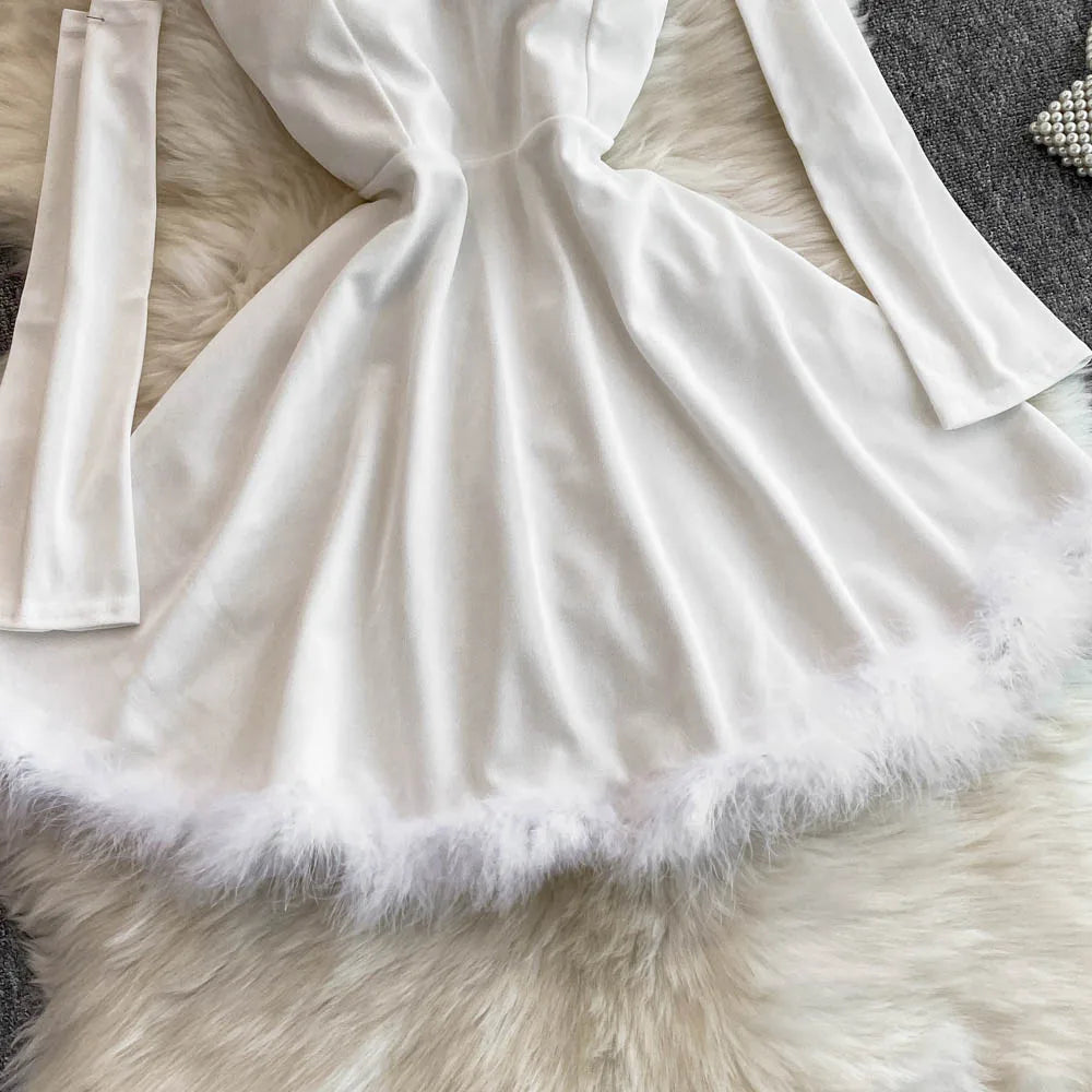 Foamlina Women's Christmas Dress Sexy Low-cut Waist Thin Big Pendulum Fluffy Splicing Suspender Tube Ling Dress Red